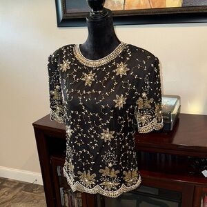 Laurence Kazar Black Top with Gold Embellishments